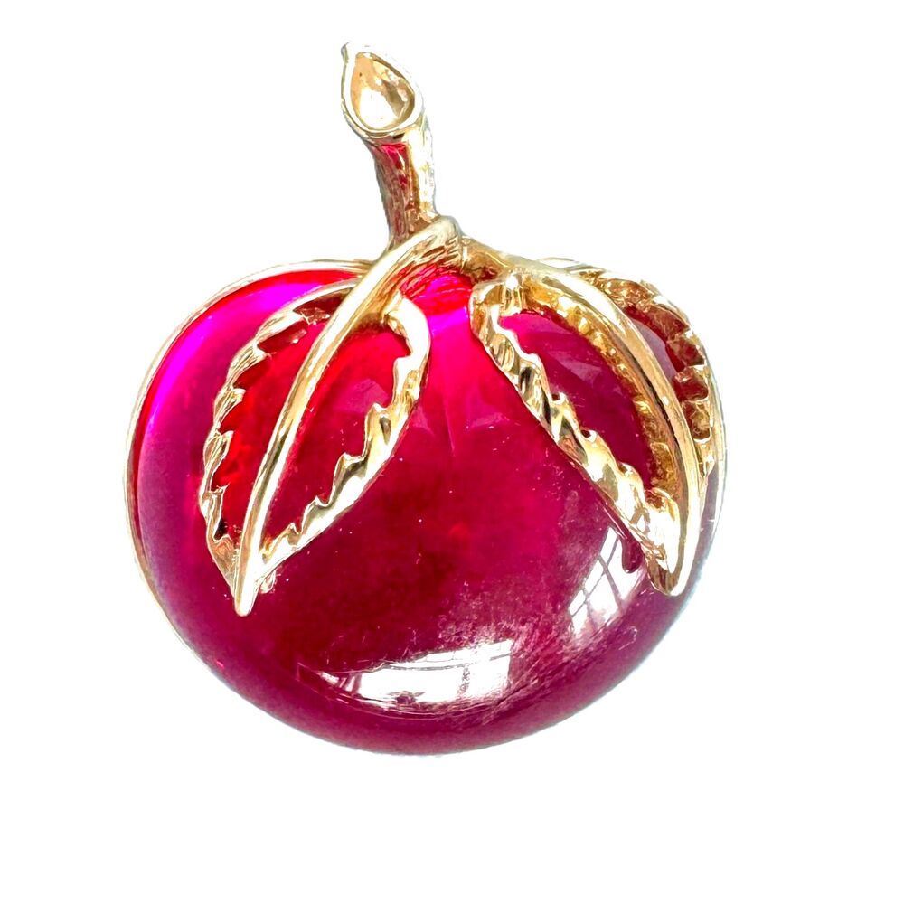 Sarah Conventry Signed Red Lucite Jelly Belly Apple Cherry Brooch Pin - Vintage